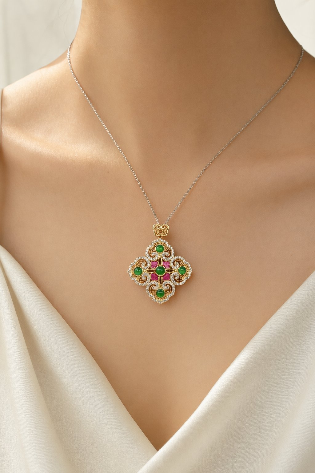 Collier Fenêtre Verte porté par une femme en robe de soie