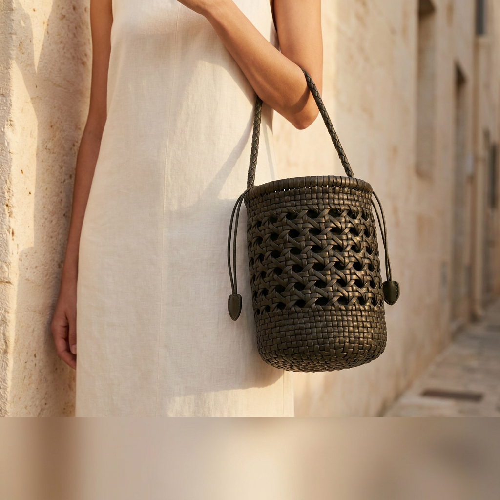 Sac seau Puits Noir en cuir tressé porté sans visage